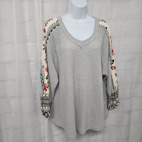 Alchemy Thread Gray Thermal Mixed Media Blouse Floral Boho XL - Picture 4 of 11